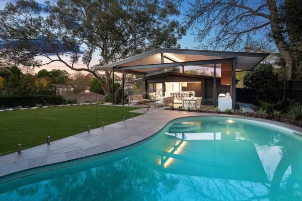 shows pool and outdoor entertaining area